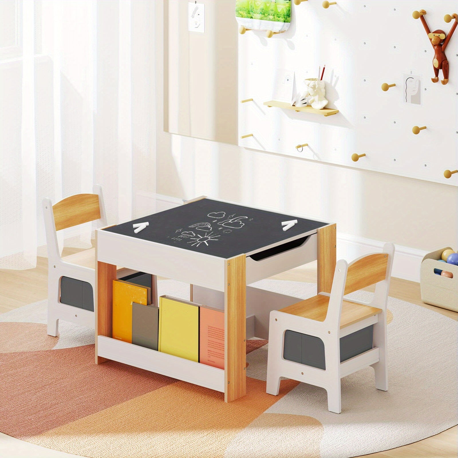 COSTWAY Kids Table & Chairs Set, 4in 1 Toddler Activity Table w\u002F Reversible Tabletop, Bookshelves & Storage Boxes for Drawing, Reading, Crafts, Playing, 3pcs Kids Furniture Set for Playroom, Daycare Furniture