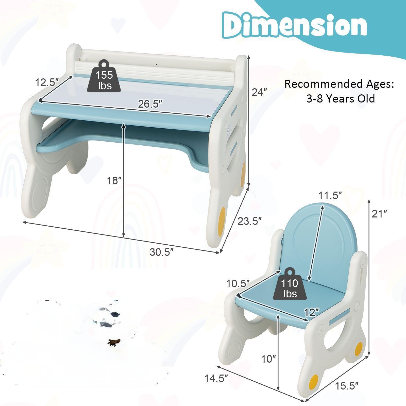 COSTWAY Kids Drawing Table & Chair Set for Reading Playing with Pens & Blackboard Eraser