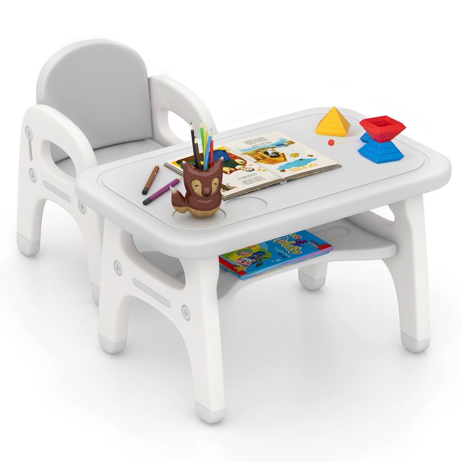 GYMAX Youngsters Table & Chair Set, 2pcs Plastic Youngsters Activity Table Set with Building Blocks, Play Table with Dinosaur Shaped Chair, for Reading, Snack Time, Arts & Crafts, Homeschooling Desk Set for Youngsters 1-5