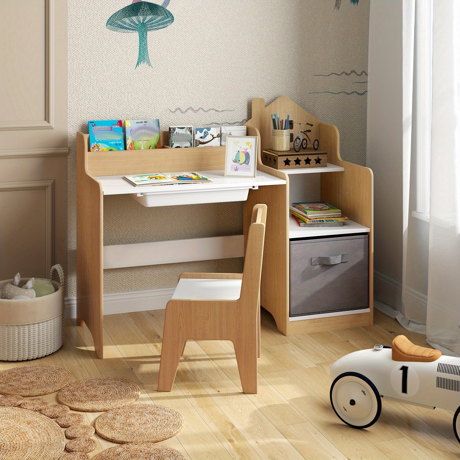 COSTWAY Kids Study Desk and Chair Set, Children Study Table w\u002F Open Shelves, Drawer & Fabric Storage Bin, Student Drawing Writing Desk Set for Boys & Girls, Kids Furniture Set for Bedroom Study