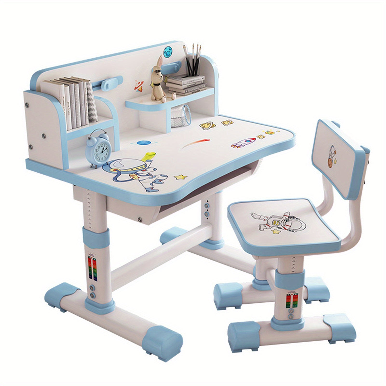 A Set of 39.79 Inches X 29.75 Inches X 19.11 Inches Children's Functional Desk and Chair Set, Adjustable Height Children's School Study Desk and Chair Set with Cartoon Pattern, Ergonomic Desks and Chairs with Large Writing Board, Bookshelf