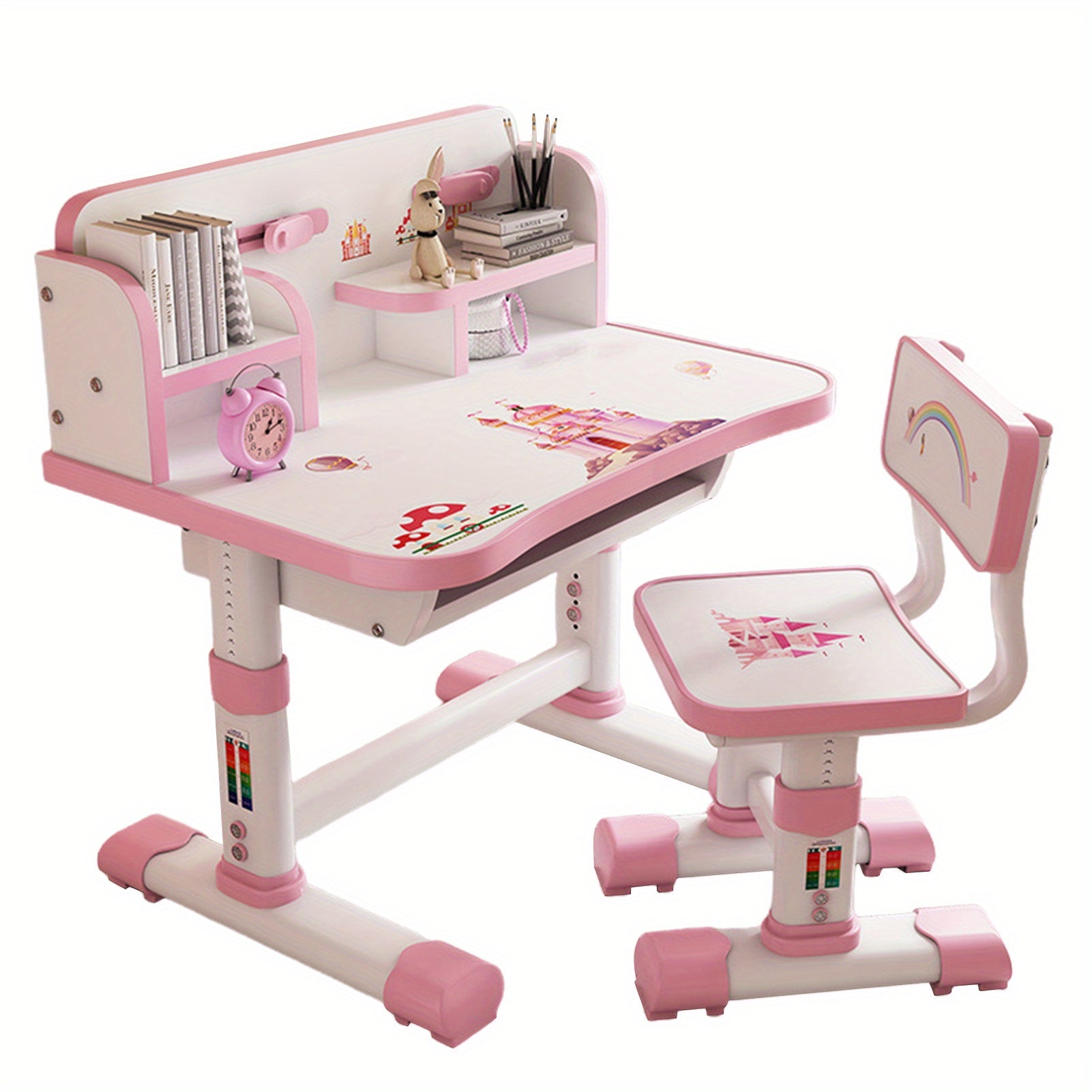 A Set of 39.79 Inches X 29.75 Inches X 19.11 Inches Children's Functional Desk and Chair Set, Adjustable Height Children's School Study Desk and Chair Set with Cartoon Pattern, Ergonomic Desks and Chairs with Large Writing Board, Bookshelf