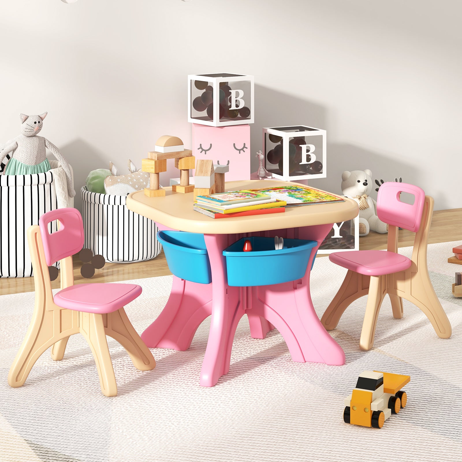 COSTWAY 3-Piece Kids Table and Chair Set, PE Childrens Seating Furniture with Storage Basket, Non-slip Foot Pads, Toddler Table and Chair Set for Kids Room, Living Room, Kindergarten, 1-7 Years