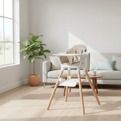 3 in 1 High Chairs for Babies And Toddlers, Convertible Children Feeding Chair with Foot Rest, Removable Double Tray, Easy to Clean Cushion, 5-Point Safety Harness, Solid Wood Legs