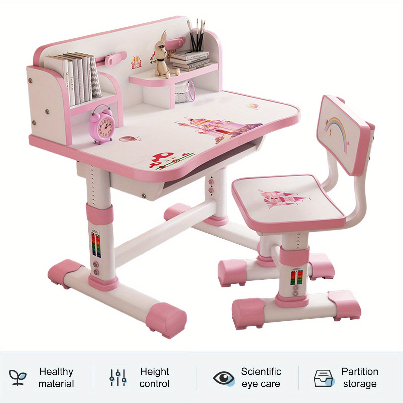 A Set of 39.79 Inches X 29.75 Inches X 19.11 Inches Children's Functional Desk and Chair Set, Adjustable Height Children's School Study Desk and Chair Set with Cartoon Pattern, Ergonomic Desks and Chairs with Large Writing Board, Bookshelf