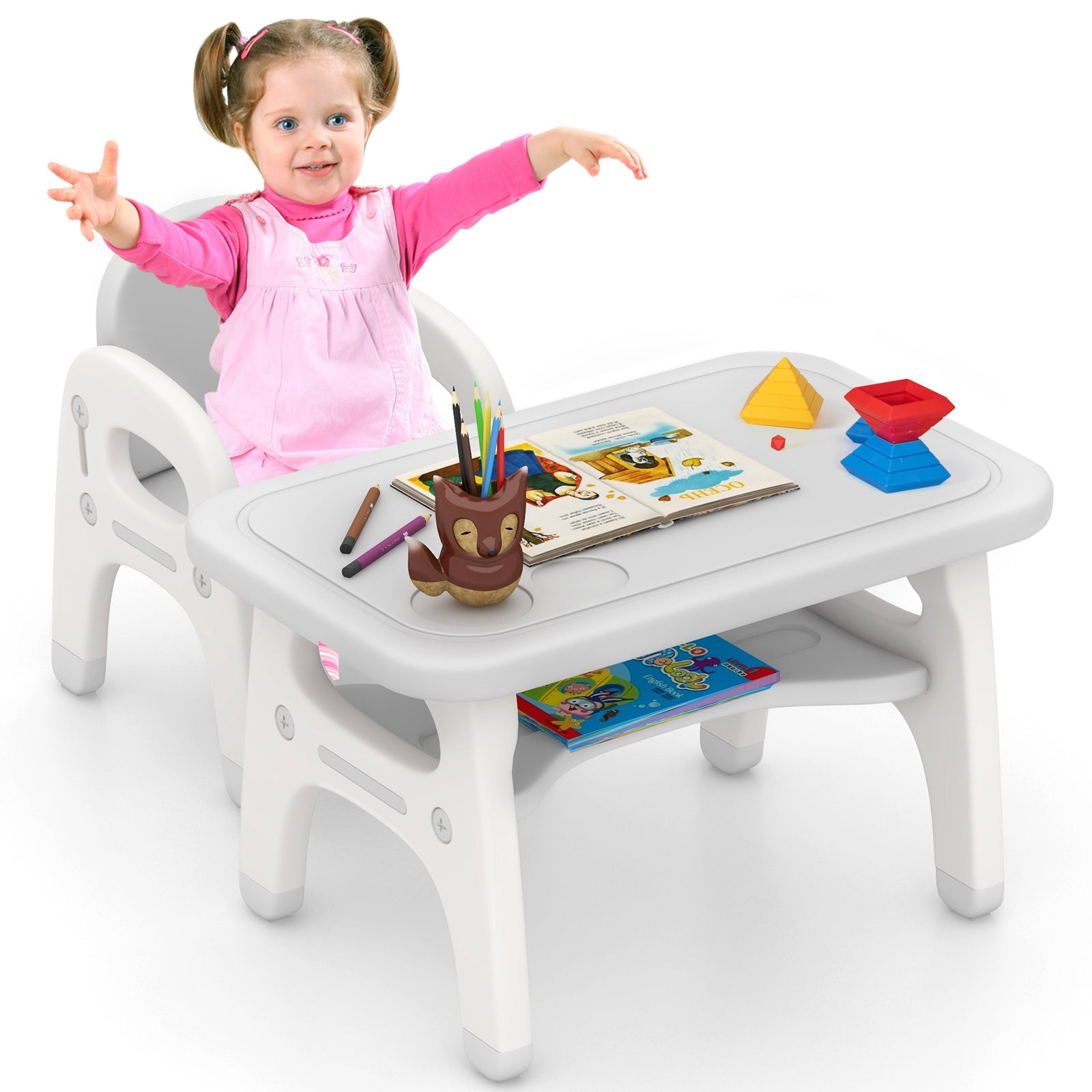 GYMAX Youngsters Table & Chair Set, 2pcs Plastic Youngsters Activity Table Set with Building Blocks, Play Table with Dinosaur Shaped Chair, for Reading, Snack Time, Arts & Crafts, Homeschooling Desk Set for Youngsters 1-5
