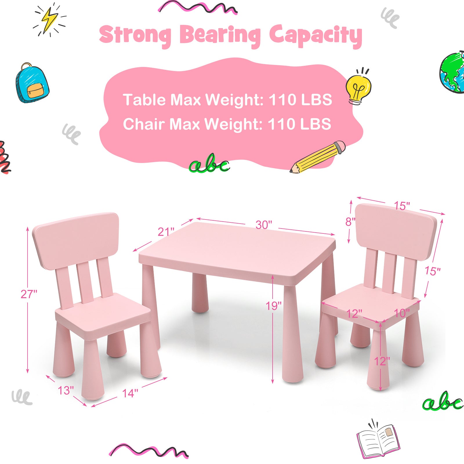 COSTWAY Kids Table & 2 Chairs Set Toddler Activity Play Dining Study Desk Baby Gift Pink