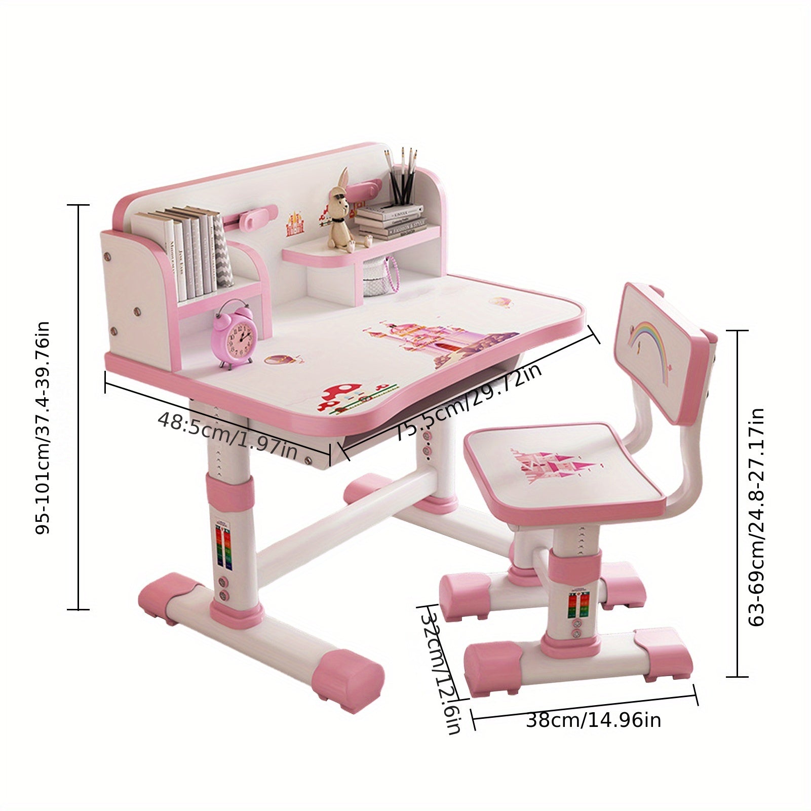 A Set of 39.79 Inches X 29.75 Inches X 19.11 Inches Children's Functional Desk and Chair Set, Adjustable Height Children's School Study Desk and Chair Set with Cartoon Pattern, Ergonomic Desks and Chairs with Large Writing Board, Bookshelf