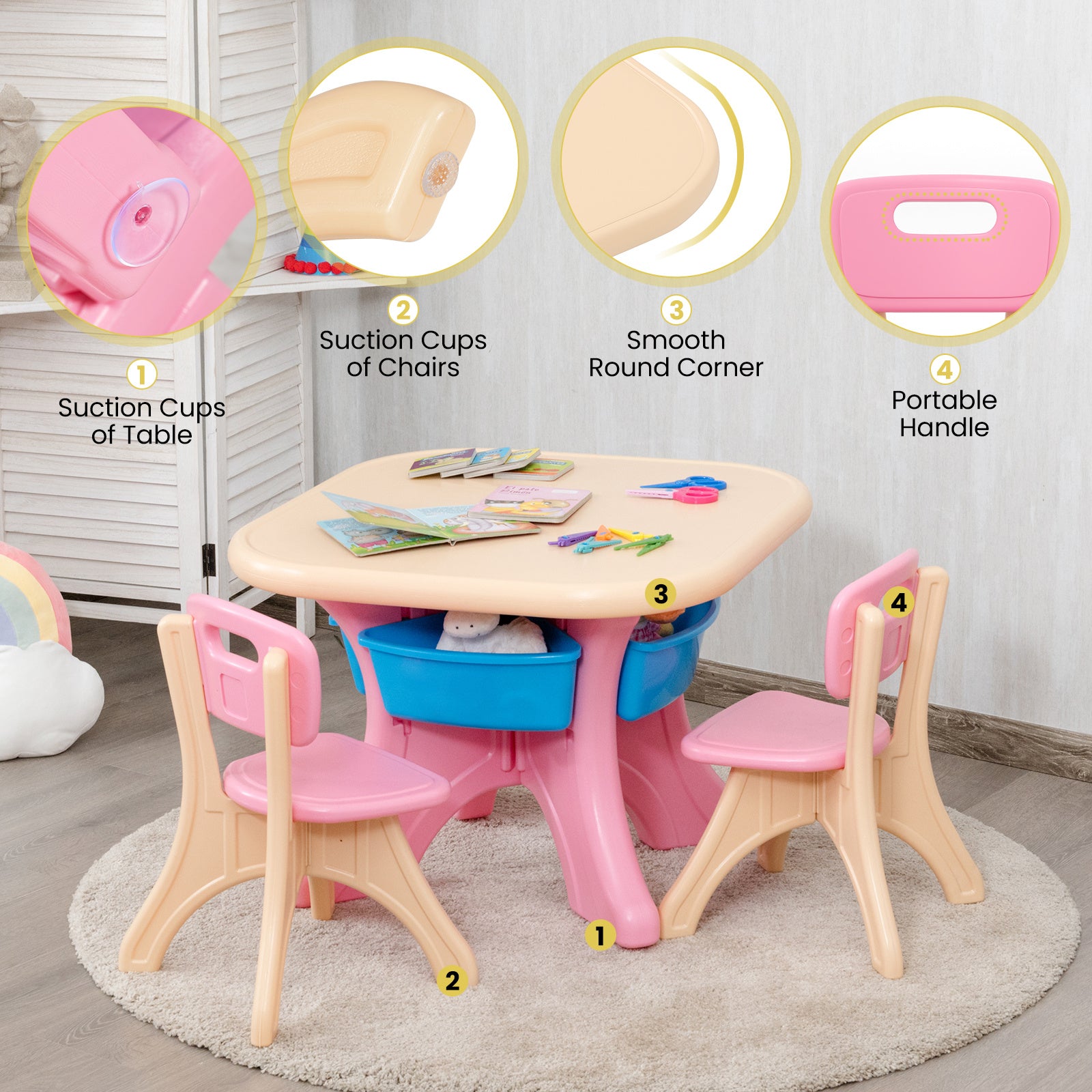 COSTWAY 3-Piece Kids Table and Chair Set, PE Childrens Seating Furniture with Storage Basket, Non-slip Foot Pads, Toddler Table and Chair Set for Kids Room, Living Room, Kindergarten, 1-7 Years